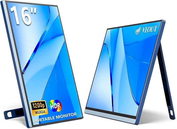 Veout Portable Monitor 16" 1200P FHD Dual USB-C/HDMI Ultra-Slim Travel Monitor with Kickstand & Speakers, 16:10 IPS External Second Screen Compatible with Laptop, Mini PC, MacBook, PS, Switch