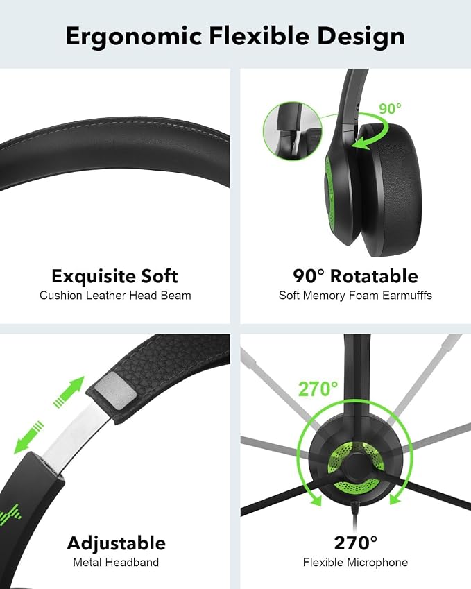 JIAMQISHI USB Headset with Mic for PC, On-Ear Computer Laptop Headphones with Noise Cancelling Microphone in-line Control for Home Office Online Class (USB+3.5mm, Green)