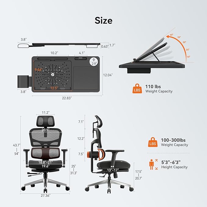 Newtral Ergonomic Office Chair - Home Office Desk Chair with Auto-Following Lumbar Support, 4D Armrest, Seat Depth and Height Adjustable (Black, Footrest + Laptop Tray)
