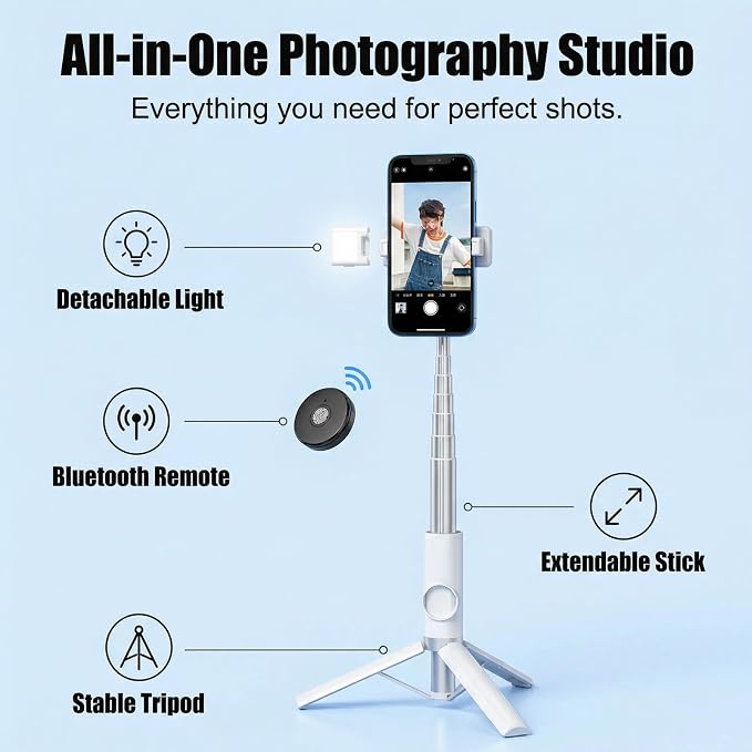 Selfie Stick Tripod Portable Extendable Cell Phone Stand with Detachable Mini Ring Light Phone Tripod Stand with Bluetooth Remote for iPhone Android for Vlogging/Travel/Live Streaming (White)