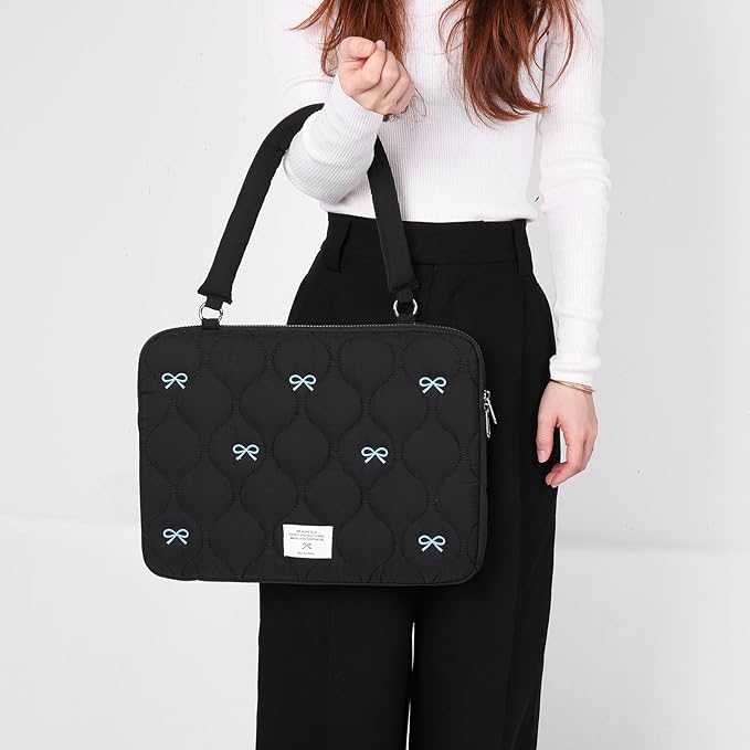 Cute Bow Laptop Case Coquette 13-15 Inch Puffy Laptop Sleeve Accessories Aesthetic Quilted Computer Bag for MacBook (Black 1, 13-14inch)