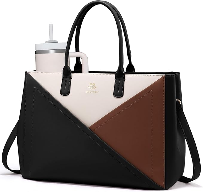 LOVEVOOK Laptop Tote Bag for Women with Large Cup Holder, 16 Inch PU Leather Work Bag Teacher Tote Bag, Waterproof Computer Bags Business Office Briefcase Handbag