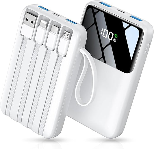 HELLEE Power Bank, 15000mAh Portable Charger with Built in Cable, 22.5W Fast Charging, 6 Outputs, Slim Travel Essential Battery Pack with LED Display, Compatible with iPhone 17/16/15/14/13, iPad White
