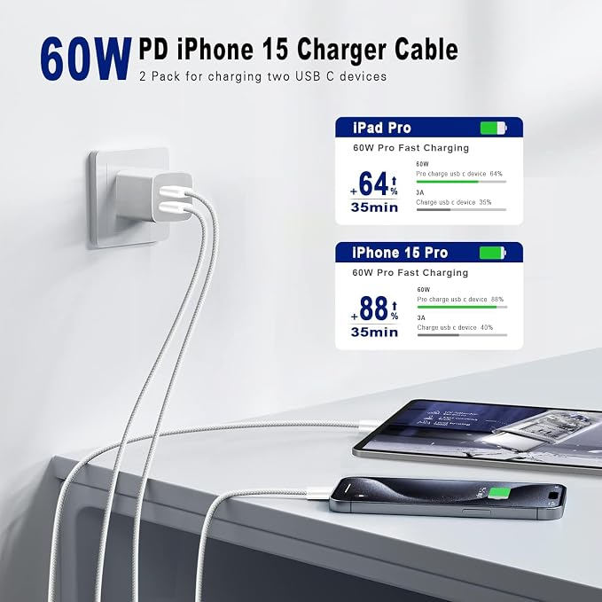 Long USB C to C Fast Charger Cable 10ft,60W Type C to C Fast Charging Cord for Apple iPhone 17 Pro Max/17 Air/16 Pro/15 Plus/MacBook Pro 2021/2020/2019/2018,iPad 12.9/11 inch/Mini/Air 5/Samsung Galaxy
