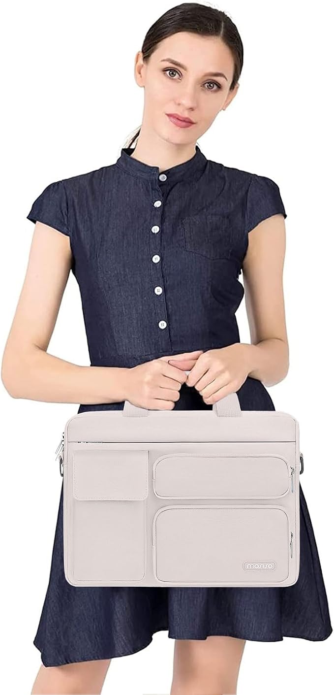 MOSISO Laptop Shoulder Bag 13.3 inch, 13-14 inch Computer Bag Compatible with MacBook Air/Pro 13 / Pro 14, HP Dell ASUS Lenovo with 2 Raised&1 Flapover&1 Horizontal Pocket&Handle&Belt, Stone Gray