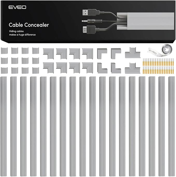 EVEO Cord Hider - 300” Cord Cover Wall Cable Hider, Cable Concealer, Wire Hiders for TV on Wall. Cable Management, Cord Hider Cable Raceway Wire Covers for Cords (Grey, Medium)