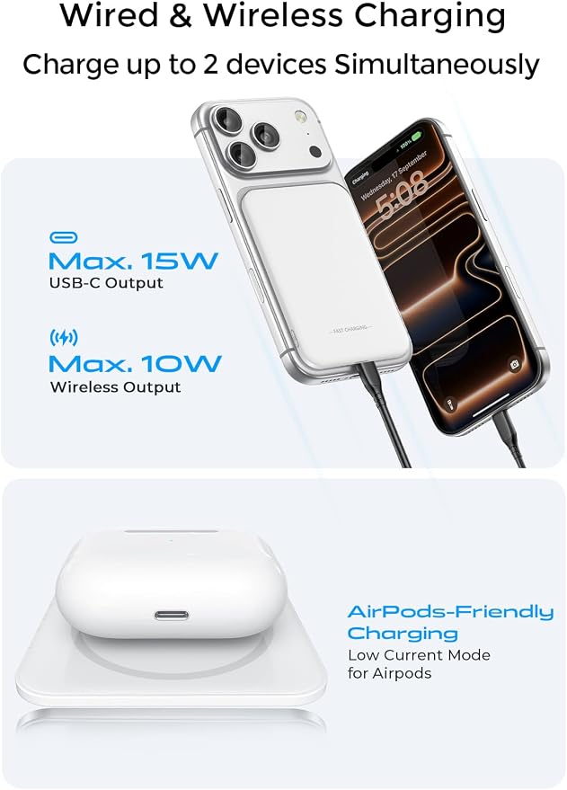 Aobbow Magnetic Portable Charger, 5000mAh Ultra Slim Power Bank, 15W Fast Charging for Magsafe Battery Pack, Travel Essential Wireless Charger Compatible with iPhone 17/16/15 Series - Pearl White