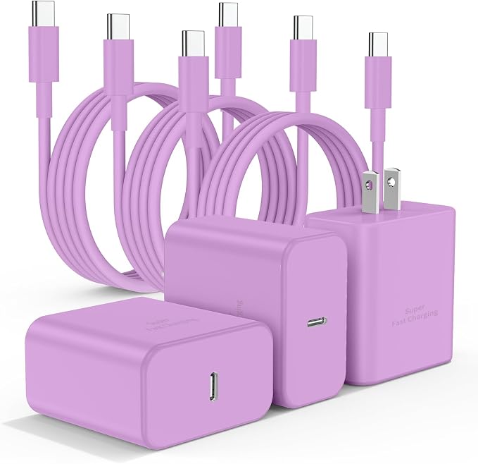 3Pack USB C Charger for Samsung Galaxy S24 Ultra, Super Quite Fast Charging Type C Block with 6FT C to C Cord for Samsung Galaxy Tab S9 S8 S23 Ultra S22 Ultra S23 S22 S21 Note 10 Plus 20,Purple