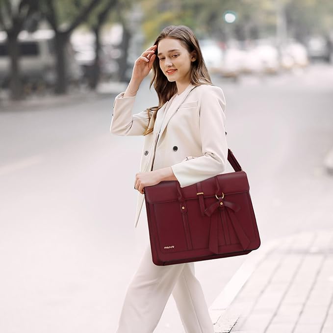 MOSISO Laptop Bag for Women, 17 inch PU Leather Laptop Shoulder Bags Convertible Backpack, 17.3 inch Messenger Bags Casual Handbag Work Briefcase Travel Computer Bag with Bowknot, Wine Red