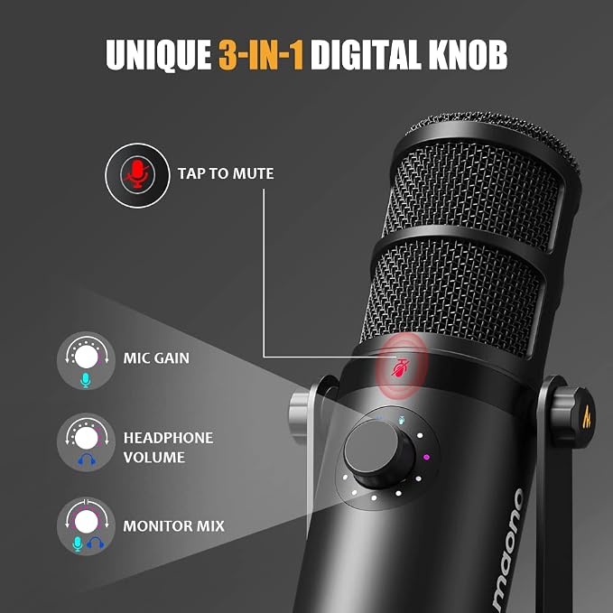 MAONO Dynamic Microphone, USB/XLR Podcast PC Microphone with Software, EQ,Tap-to-Mute, Headphone Jack, Gain Knob & Volume Control, Studio Mic for Broadcast, Recording, Streaming & Gaming (PD400X)