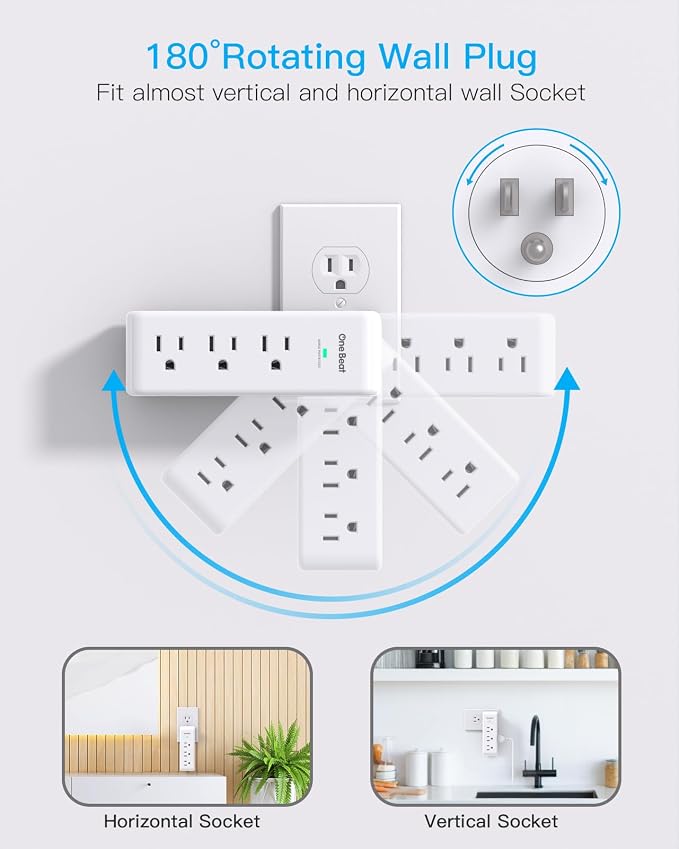 Surge Protector Outlet Extender with Rotating Plug, 9 AC Multi Plug Wall Outlet Expander, 1800J Wall Charger, 3-Sided Power Strip Electrical Plug Adapter Outlet Splitter for Home Office College Dorm