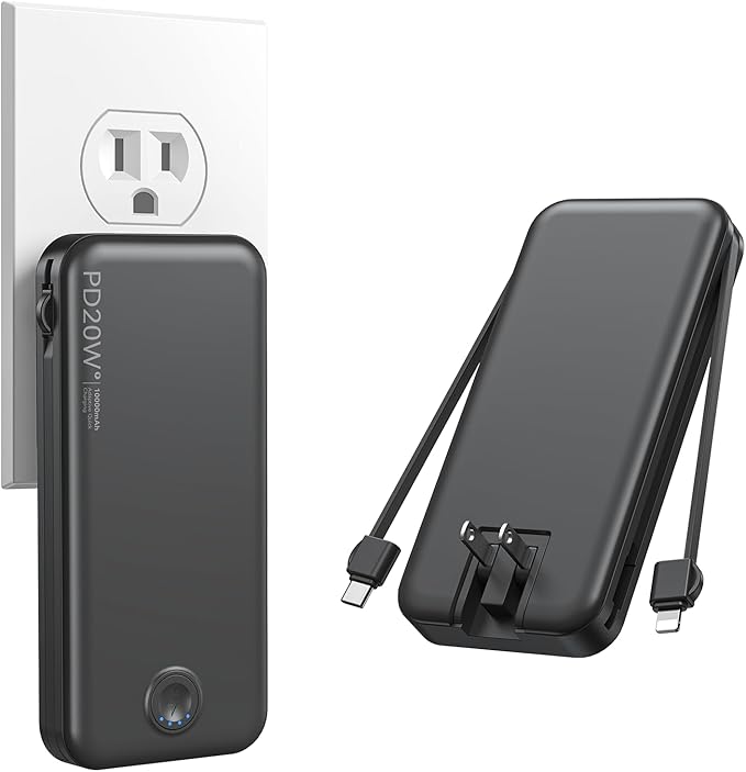 Portable Charger, 10000mAh PD20W Fast Charging Power Bank with Built-in Cables & Wall Plug, USB C Battery Phone Charger for iPhone