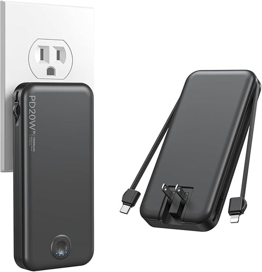 Portable Charger, 10000mAh PD20W Fast Charging Power Bank with Built-in Cables & Wall Plug, USB C Battery Phone Charger for iPhone