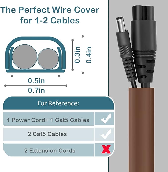ZhiYo Wire Covers for 2 Cords, 43.7in Cord Hider on Wall Mounted, Brown Cord Cover Kit, TV Cable Cover Cable Concealer for Extension Cord, Ethernet Cable, Speaker Wire, 0.7in(W) x 0.4in(H)