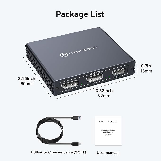 Displayport Splitter 3 Monitors Dual DP with HDMI Adapter 4K60Hz Extended Display 1 in 3 Out Displayport MST Hub for Multiple Monitors Compatible for PC, Graphics Card, Lenovo, HP and More
