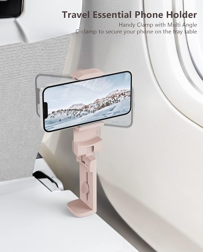 MiiKARE Travel Essentials Airplane Phone Holder, Universal Handsfree Phone Mount for Flying with 360 Degree Rotation, Travel Must Haves Phone Stand for Desk, Tray Table, Pink