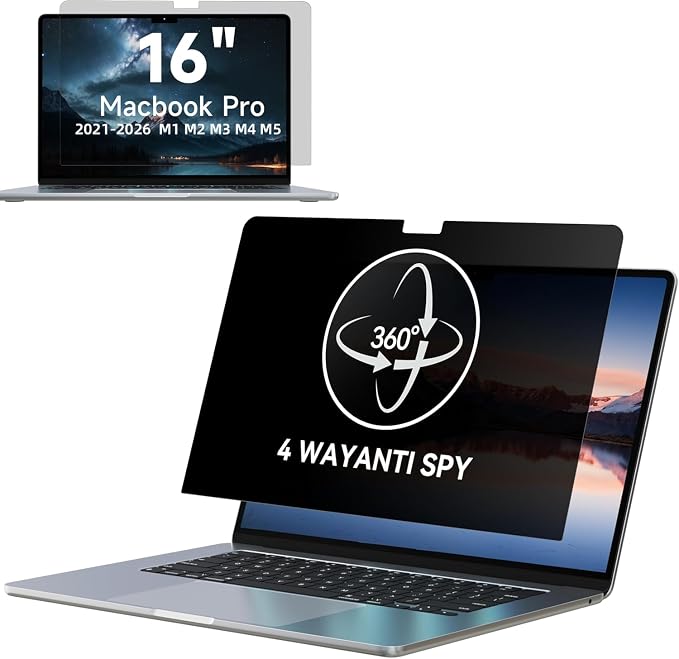 IPROKKO 360° Privacy Screen MacBook Pro 16 inch (2021, 2022, 2023, 2024, 2025,2026, M1, M2, M3, M4,M5,Pro, Max), Matte 4-way Anti Spy Glare Blue Light 16.2in Mac Scratch Resistant Laptop Screen Protector Filter