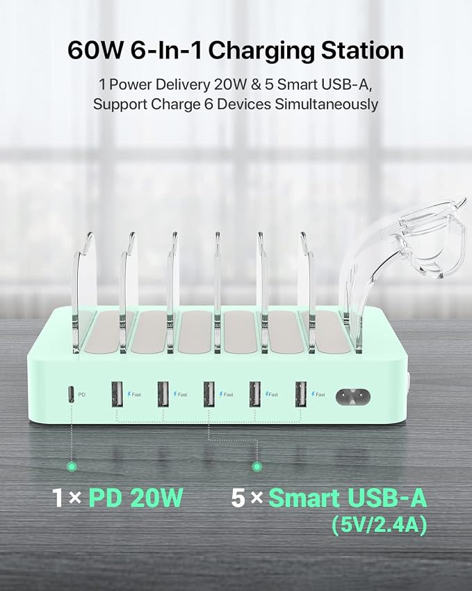 SooPii 60W/12A 6-Port Charging Station for Multiple Devices, PD 20W USB C Fast Charging for lPhone 14/13/12,6 Short Cables Included, 2 in 1 Holder,for Phones,Tablets and Others