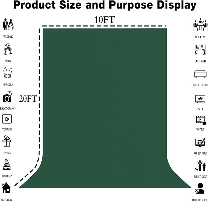 10x20FT Large Dark Green Screen Backdrops for Photography, Virtual Green Screen Backdrop Pieces for Zoom Meetings, Curtains for Party Decoration Video Shooting