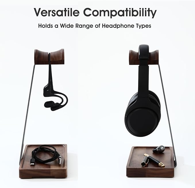 Walnut Headphone Stand, Wood Headset Stand for Desk, Gaming Headphone Holder with Storage Base Compatible with Airpod max, Bose, Razer, Sennheiser, Jabra, JBL, AKG, Grey, Vintage Gift for Men