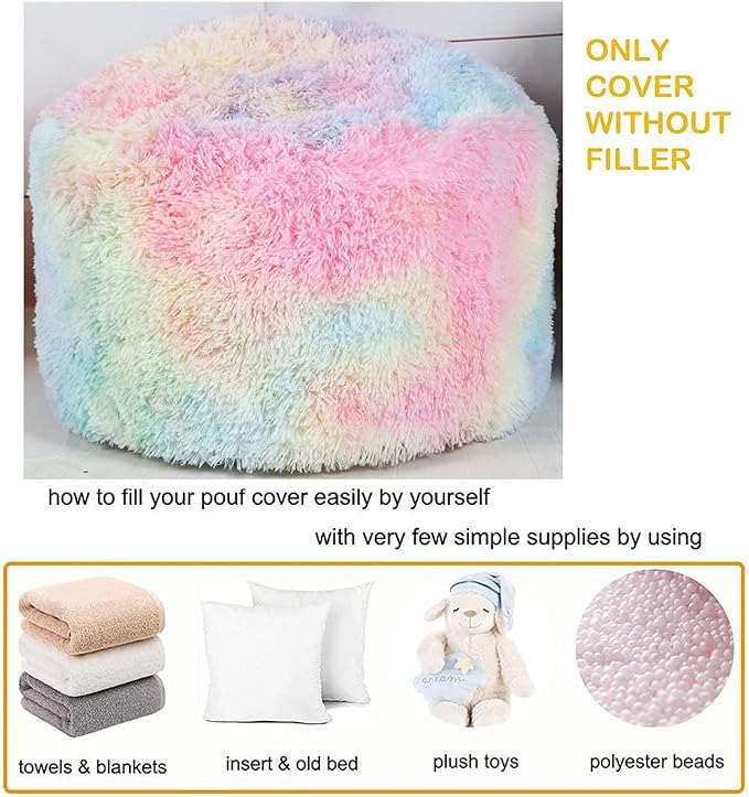 Asuprui Pouf Ottoman Unstuffed Round Bean Bag Poof Ottoman Seat Soft Faux Fur Footrest Stool 20x20x12 Inches Fuzzy Chair Floor Chair Foot Rest with Storage for Living Room Bedroom Rainbow Pouf Cover