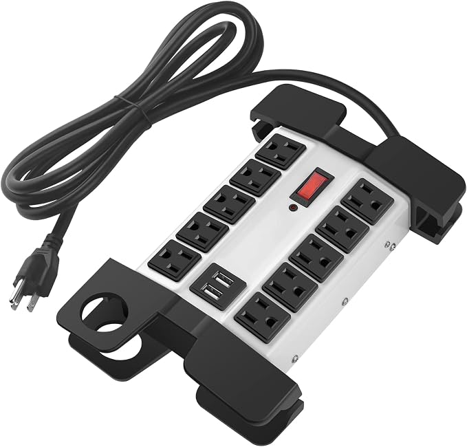 CCCEI Heavy Duty Power Strip with USB Ports, Garage 10 Outlets Surge Protector 2700 Joules, Industrial Workshop Metal 15Amp Multiple Outlets, 15 FT Extension Cord and Wide Spaced Grey.