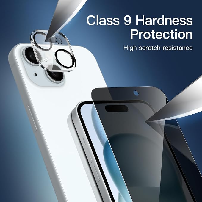 NEW'C 3x Privacy for iPhone 15 Screen Protector (6.1 inches)+ 3x Camera Lens Protector, Sensor Protection, Case Friendly Tempered Glass Film + Dust Plug - Easy installation tool included | Sensor Protection