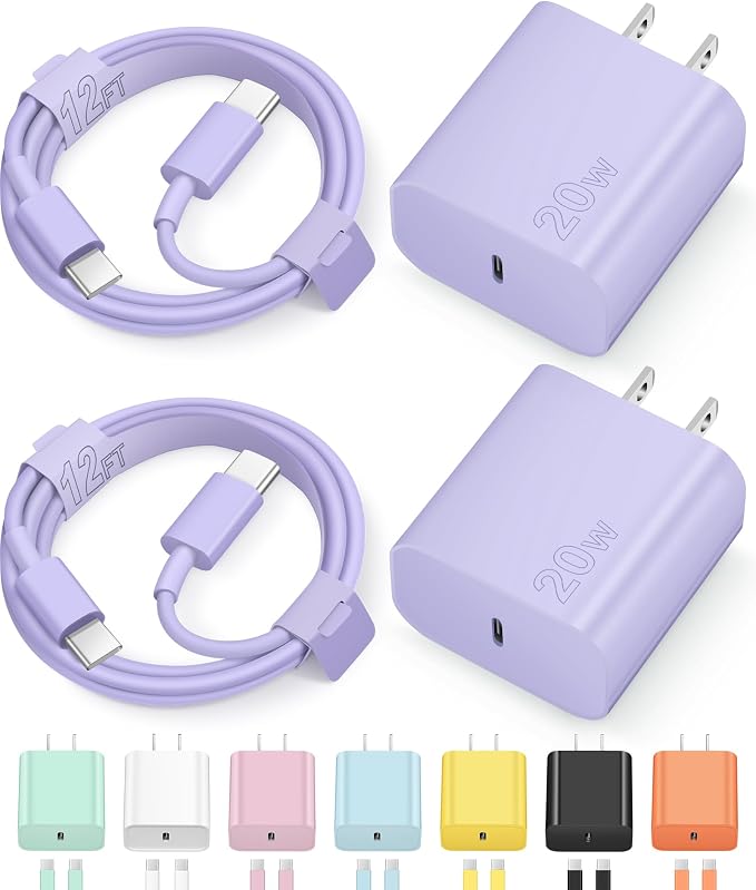 12FT iPhone 17 16 15 Charger Fast Charging USB C Charger Block Type C Chagrer Fast Charging 2-Pack for iPhone 17/17 Plus/17 Pro/17 Pro Max/iPhone 16/16 Plus/16 Pro/16 Pro Max/15 Pro Max(Purple)