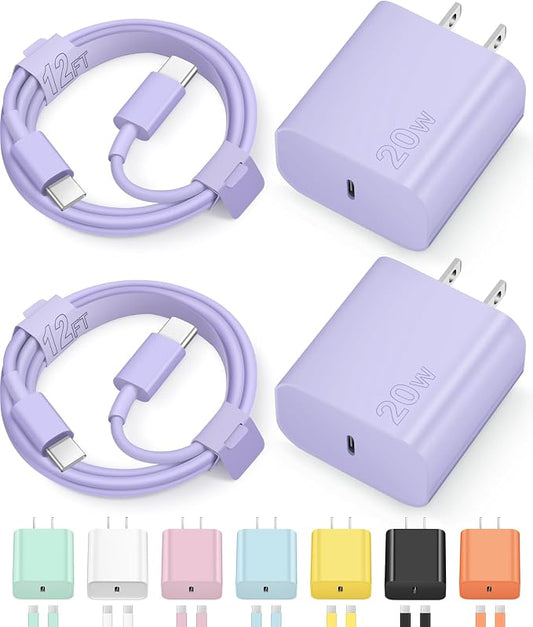12FT iPhone 17 16 15 Charger Fast Charging USB C Charger Block Type C Chagrer Fast Charging 2-Pack for iPhone 17/17 Plus/17 Pro/17 Pro Max/iPhone 16/16 Plus/16 Pro/16 Pro Max/15 Pro Max(Purple)