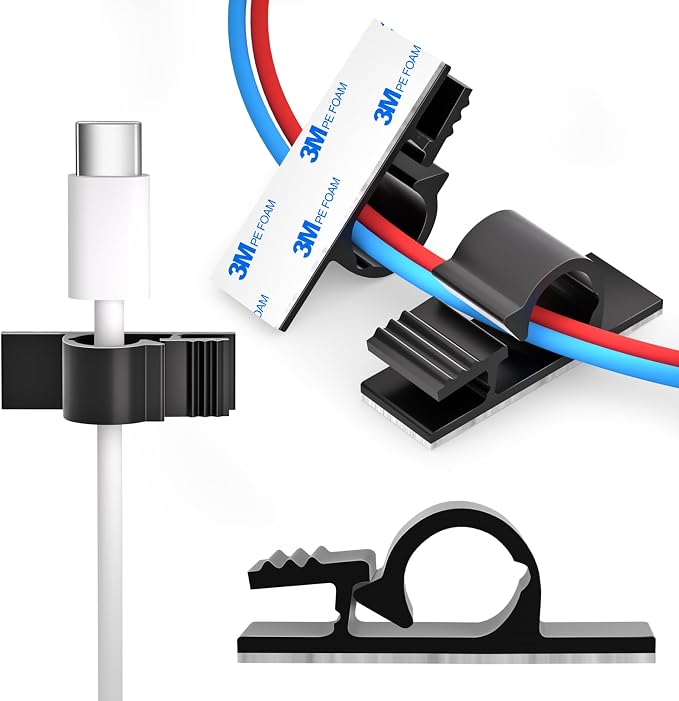 XHF 100pcs Adhesive Cable Wire Clips Black, Outdoor Cable Management Wire Organizer Cord Holder for Under Desk, Car, Wall, TV PC Ethernet Cable