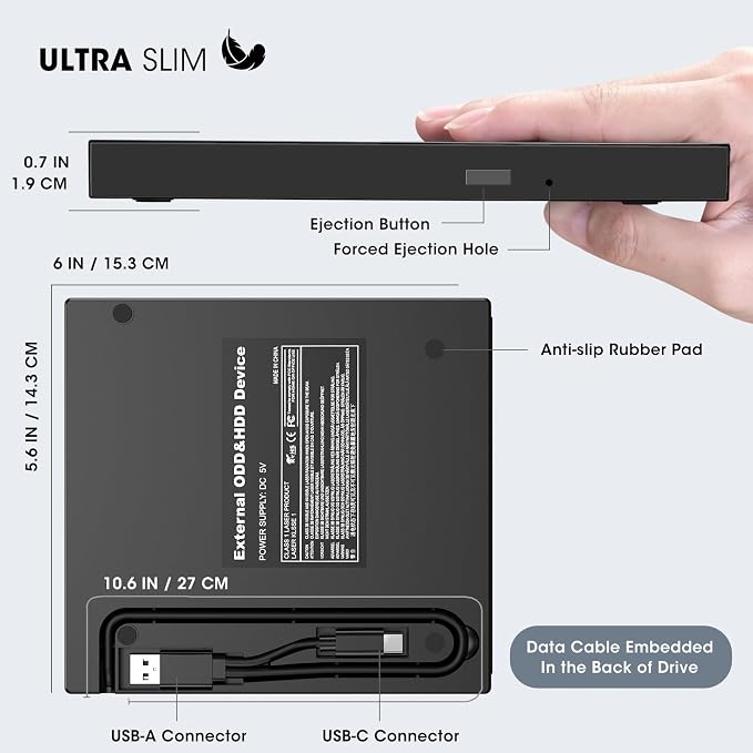 ROOFULL External CD DVD Drive, USB 3.0 Type-C CD Burner DVD Player Optical Disk Drive Writer with 4 USB Ports + 2 SD/TF Card Reader + Protective Carrying Case for Laptop PC Windows Mac Linux Computer