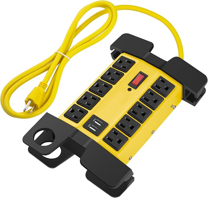 CCCEI Heavy Duty Power Strip with USB Ports, Garage 10 Outlets Surge Protector 2700 Joules, Industrial Workshop Metal 15Amp Multiple Outlets, 25 FT Extension Cord and Wide Spaced Yellow