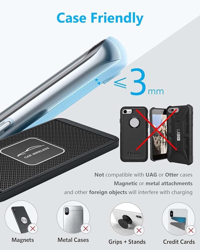 Wireless Car Charger Qi Charging Pad Fast 15W 10W 7.5W Charge Adapter for iPhone 14 13 12 Mini 11 Pro Max 8 Plus X XR Xs Airpods Samsung Galaxy Buds S21 S22 S23 S24 Android Phones (39' Long Cable)