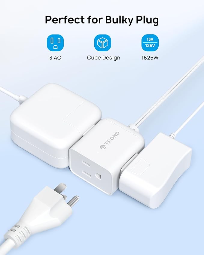 TROND Indoor 2 Prong to 3 Prong Extension Cord - Polarized Flat Plug 3 Outlet Extension 1.5ft, 16 Gauge Cable, 1625W for Non-Ground Socket in Old House School Home Office Kitchen Travel, White