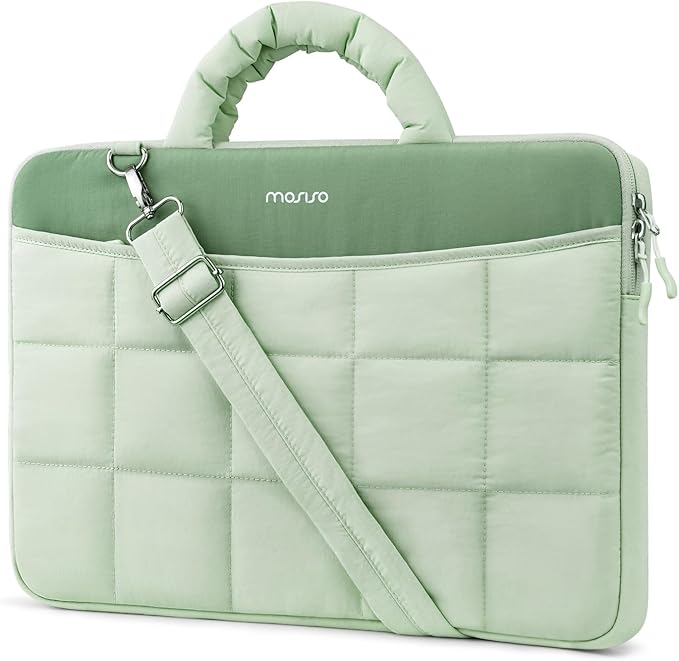 MOSISO 360 Protective Laptop Bag for Women, Puffy Lightweight Rectangle Quilted Carrying Case Shoulder Bag with Trolley Sleeve, 15-16 inch Computer Bags Laptop Sleeve with Handle & Front Pocket, Green