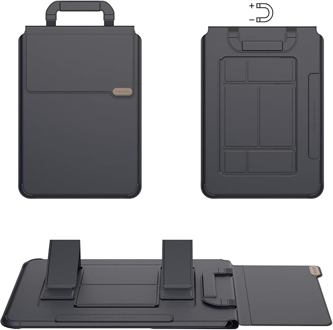 Nillkin Upgraded 12-14 Inch Laptop Sleeve Case for MacBook/Dell/HP/Lenovo/Asus, Unique Slim Travel Computer Bag with Adjustable Stand & Mouse Pad, Magnetic Handle, PU Leather, Black