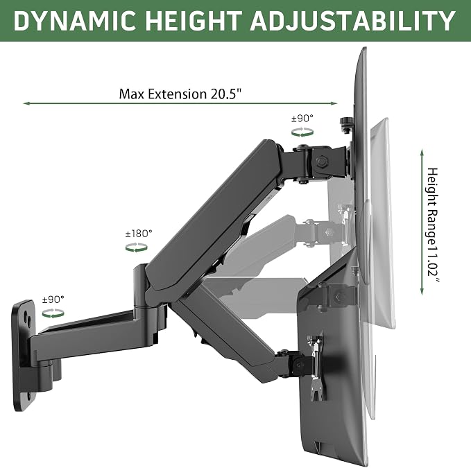 UPGRAVITY Dual Monitor Wall Mount, Double Monitor Wall Stand for Two 17-32 inch Flat Computer Screens, Height Adjustable Gas Spring Mounted Bracket Arms Hold up to 17.6lbs, VESA 75/100