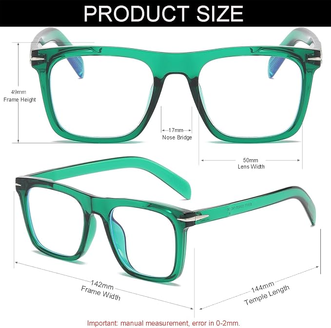 Trendy Square Blue Light Blocking Glasses for Men Women, Fashion Frame Non-prescription Computer Glasses (Green)