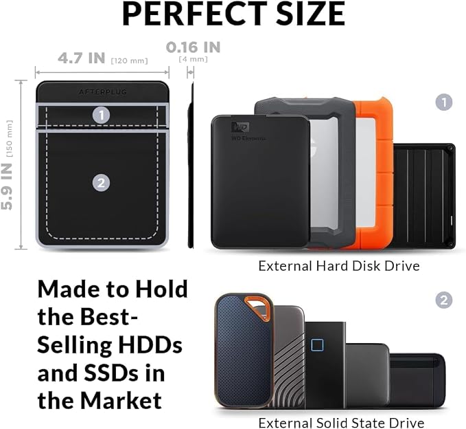 2-Pocket Adhesive Hard Drive Holder for Laptop, Stick-On Pocket Pouch for External Portable SSD, HDD, Slim Mouse and Cables (Large - Fits SSD & 2.5" Drives)