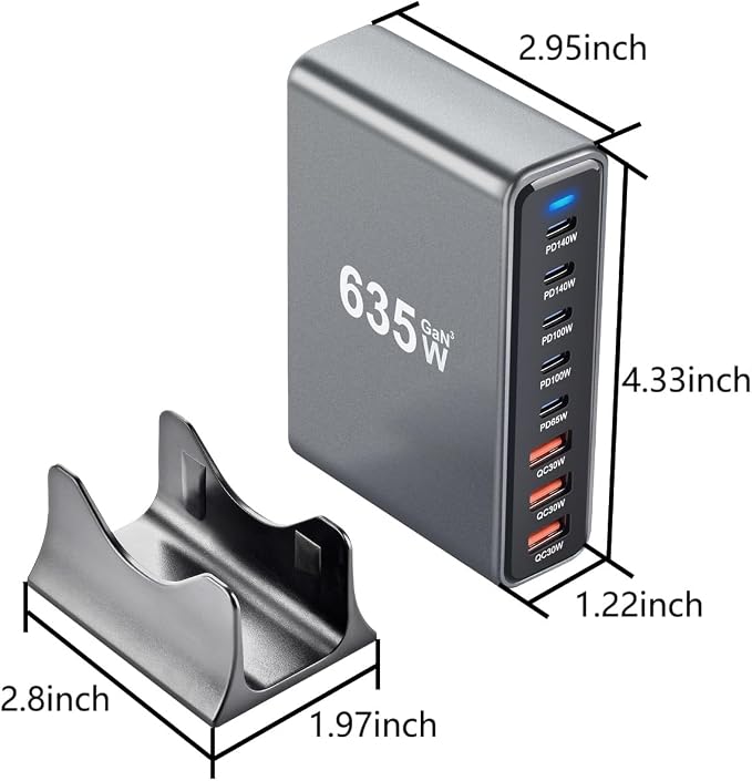 635W GaN Super Fast Charging Station for Multiple Devices, 8-Port USB C Charging Station with PD3.1 140W & QC4.0, 5 USB-C + 3 USB-A Desktop Charger for MacBook, iPhone, iPad, Laptop, Tablet