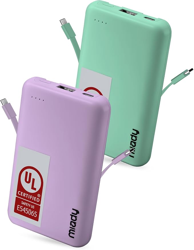 Miady 2-Pack Small Portable Charger UL Listed, 5000mAh Slim Power Bank Built-in 2 Cables Compatible with iPhone 17/16/15/14/13 Galaxy S24/S22 etc (Lake Green+Clove Purple)