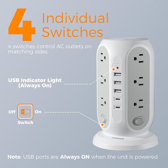 TESSAN Tower Power Strip with Individual Switches, Surge Protector with 12 Outlets, 5 USB Ports(2 USB C), Flat Extension Cord 6 Ft, 1250W, Charging Station for Multiple Devices, Office, Dorm, Grey