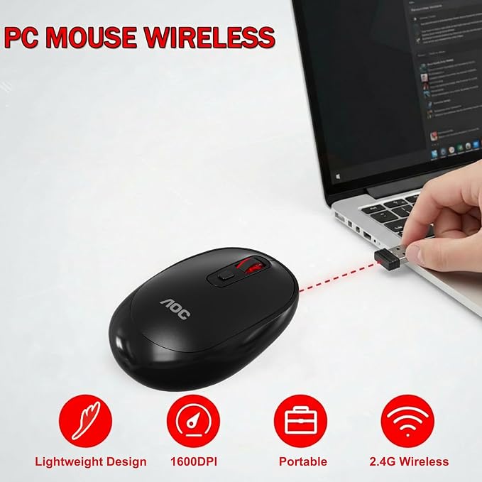 AOC Wireless Mouse, 2.4G Optical Mice with Nano Receiver, Portable Design with Textured Grip, 1600 DPI Adjustable Cordless Mouse Compatible with Notebook, PC, Laptop Black MS400