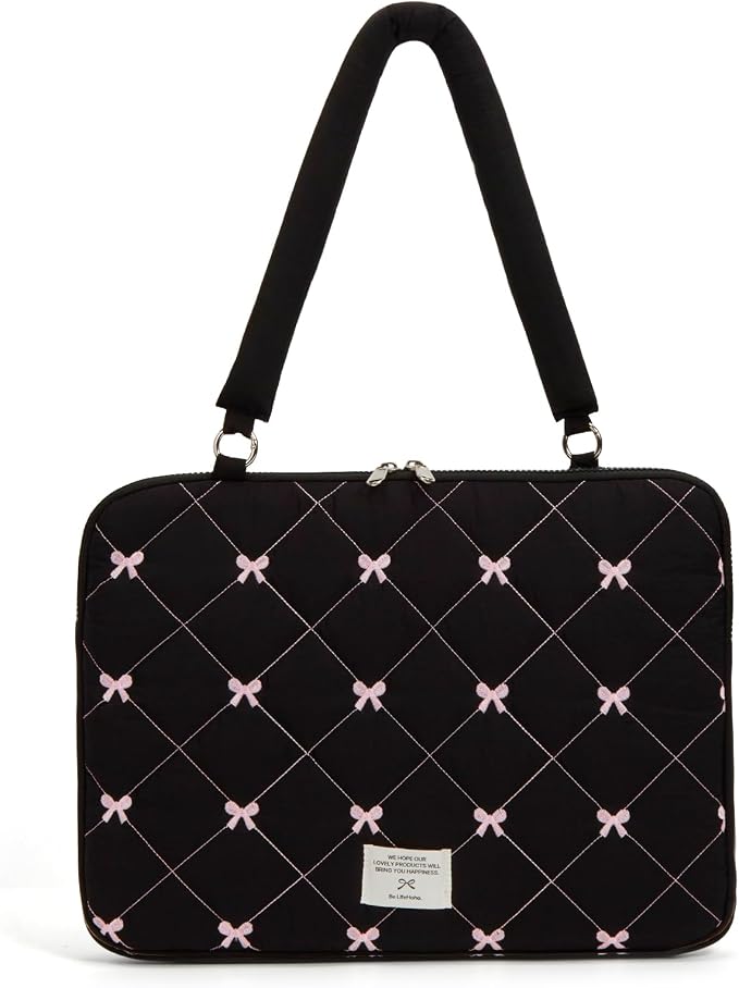 Cute Bow Laptop Case Coquette 13-15 Inch Puffy Laptop Sleeve Accessories Aesthetic Quilted Computer Bag for MacBook (Black, 15-15.6inch)