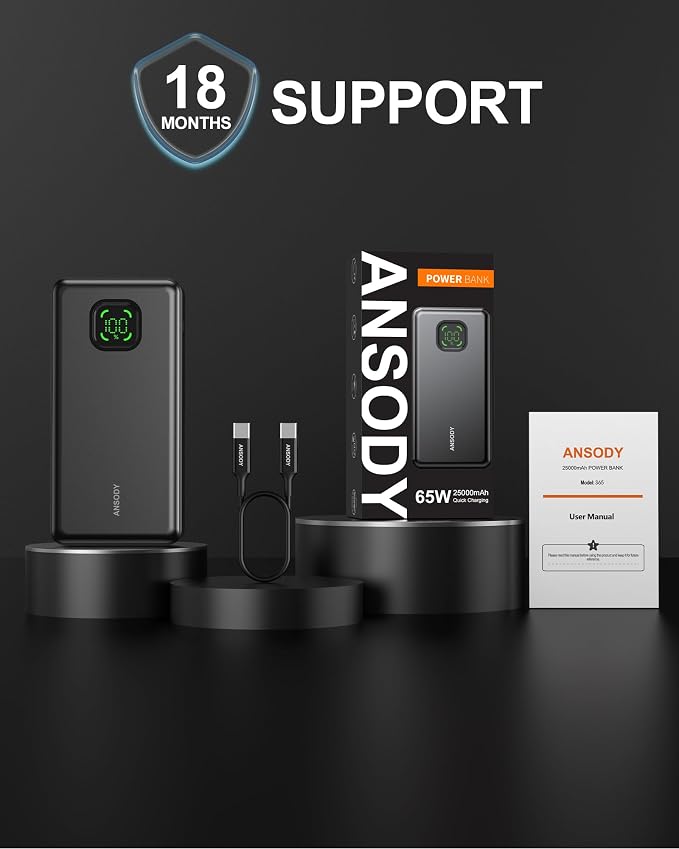 65W Power Bank, 25000mAh Travel Essential USB C Laptop Portable Charger, 100W Total Fast Charging Battery Pack for MacBook Dell XPS iPad Tablet Steam Deck iPhone 17-12 Series Samsung Switch and More