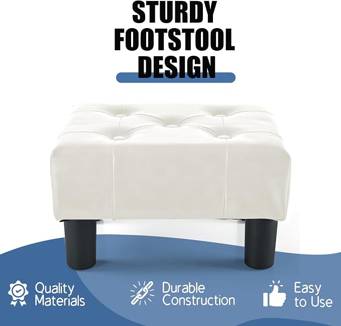 BRIAN & DANY Small Foot Stool, Leather Foot Stools with Legs, Stable Small Footstool for Living Room, White