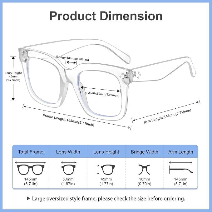 Ovresized Blue Light Blocking Glasses for Women Men Square Computer TV Eyeglasses