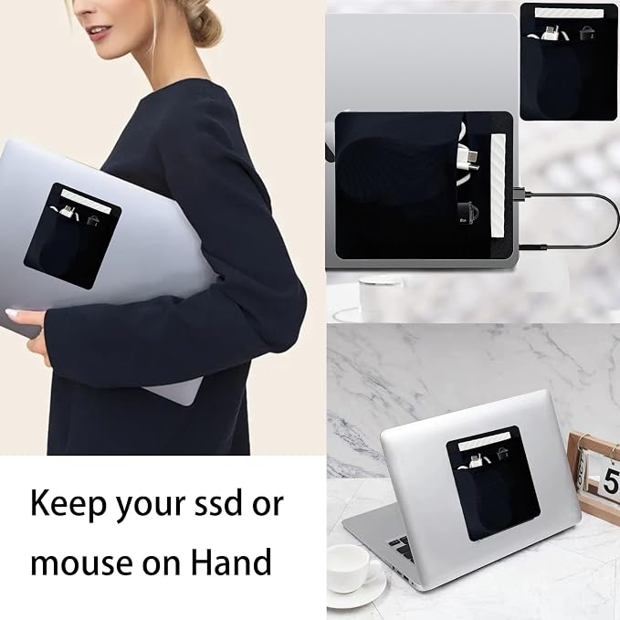 2-Pocket SSD Holder for Laptop,Adhesive Pouch,Portable Hard Drive Sleeve for Laptop,Compatible with External 2.5" HDD, Magic Mouse, Externa Hard Drive,USB Cable and More Holder - Black