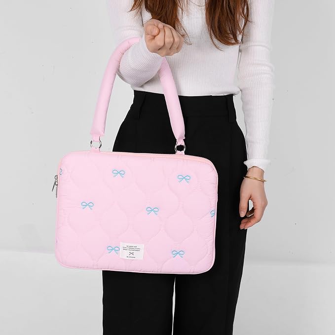 Cute Bow Laptop Case Coquette 13-15 Inch Puffy Laptop Sleeve Accessories Aesthetic Quilted Computer Bag for MacBook (Pink 1, 13-14inch)