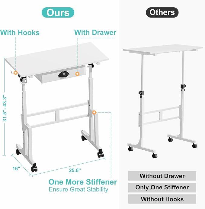Small White Standing Computer Desk with Drawers,Height Adjustable Home Office Sit Stand Up Desk with 4 Wheels & 2 Hooks,Portable Rolling Work Study Gaming Table for Laptop Tablet Walking Pad Treadmill